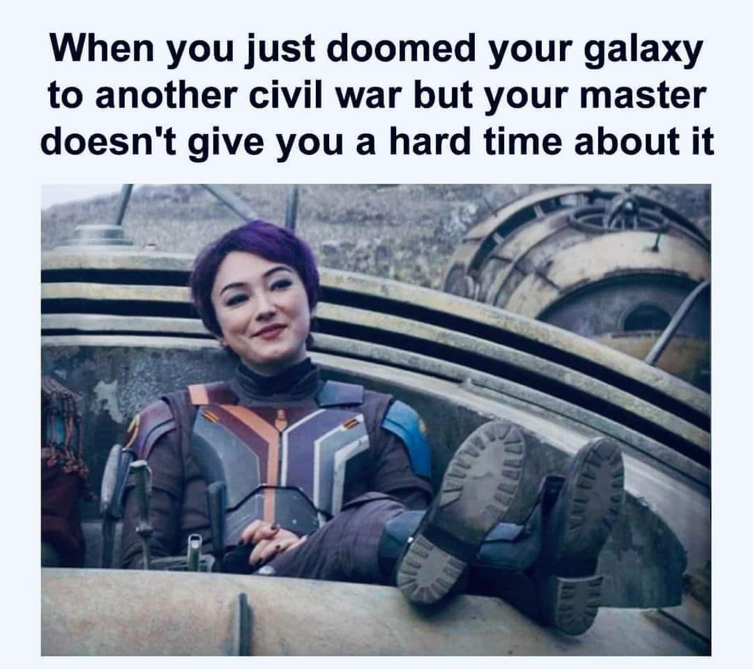 This meme is a screenshot from the Disney+ series "The Mandalorian" featuring the character Bo-Katan, a warrior from the Star Wars universe. The image shows Bo-Katan sitting on a throne, looking unimpressed and slightly annoyed. The text above the image reads: "When you just defeated the Empire, but your new boss is still a Sith Lord."